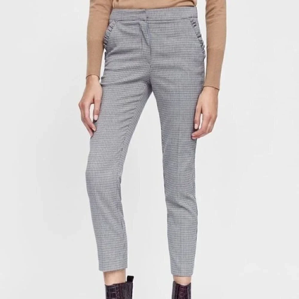 Zara TRF Gray Plaid Ruffle Straight‎ Leg Dress Trousers L